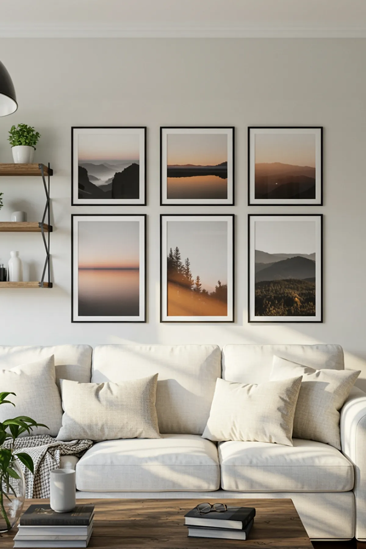 Living room with a gallery wall of framed landscape photography above a white sofa, accented by wooden shelves.