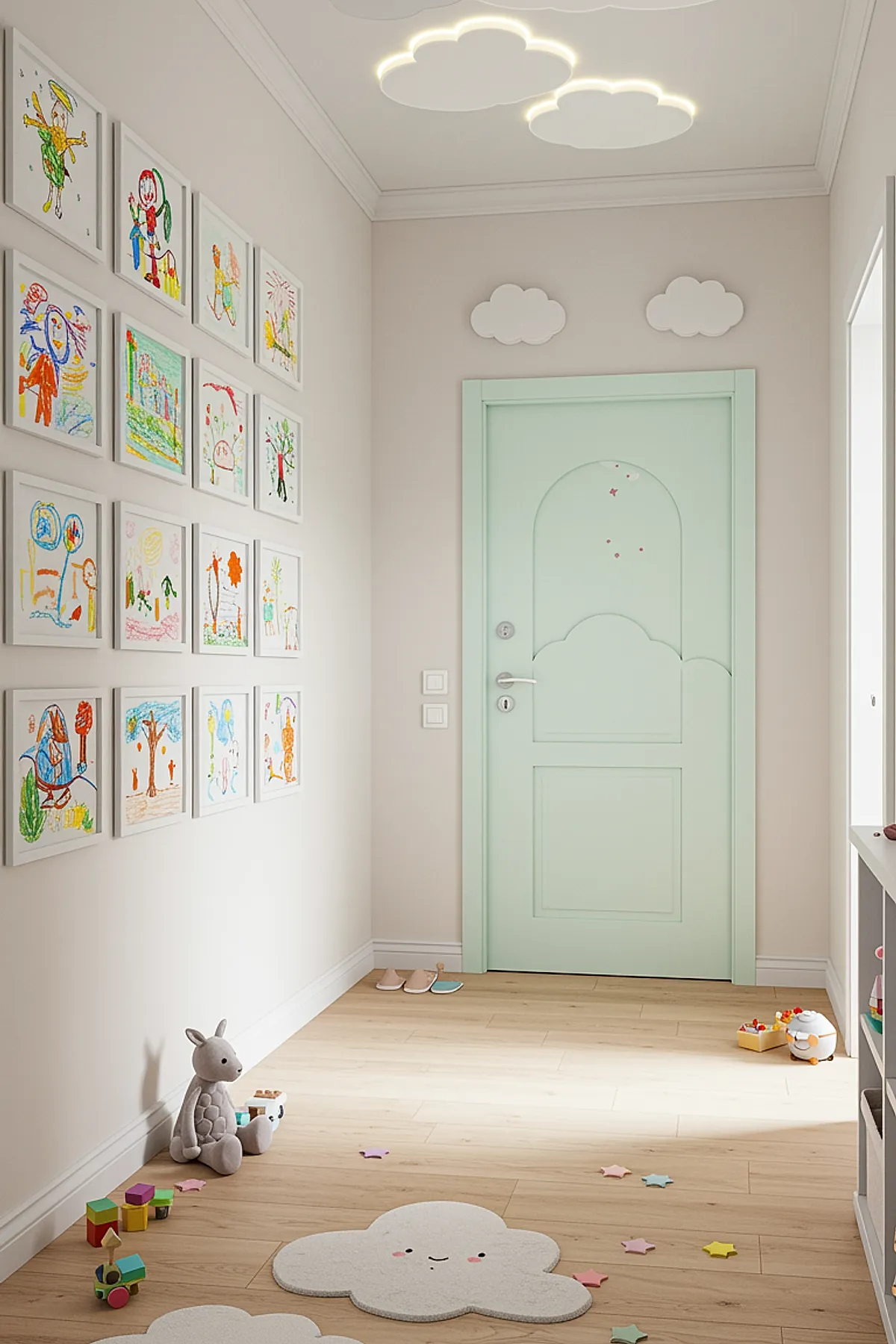 Children's hallway with cloud lights, pastel door, and a gallery wall of framed kids' drawings.