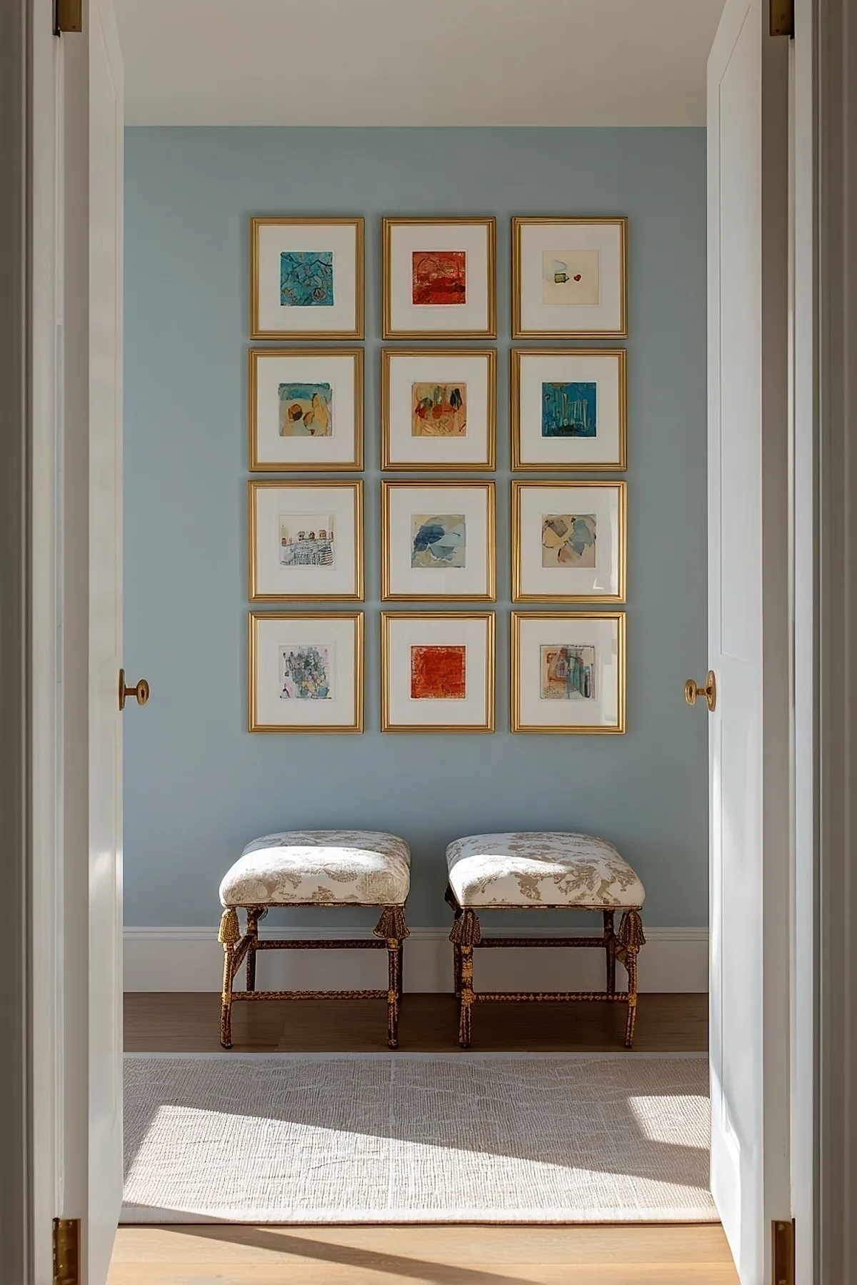 Symmetrical gallery wall with gold-framed art on a blue wall above cushioned stools.