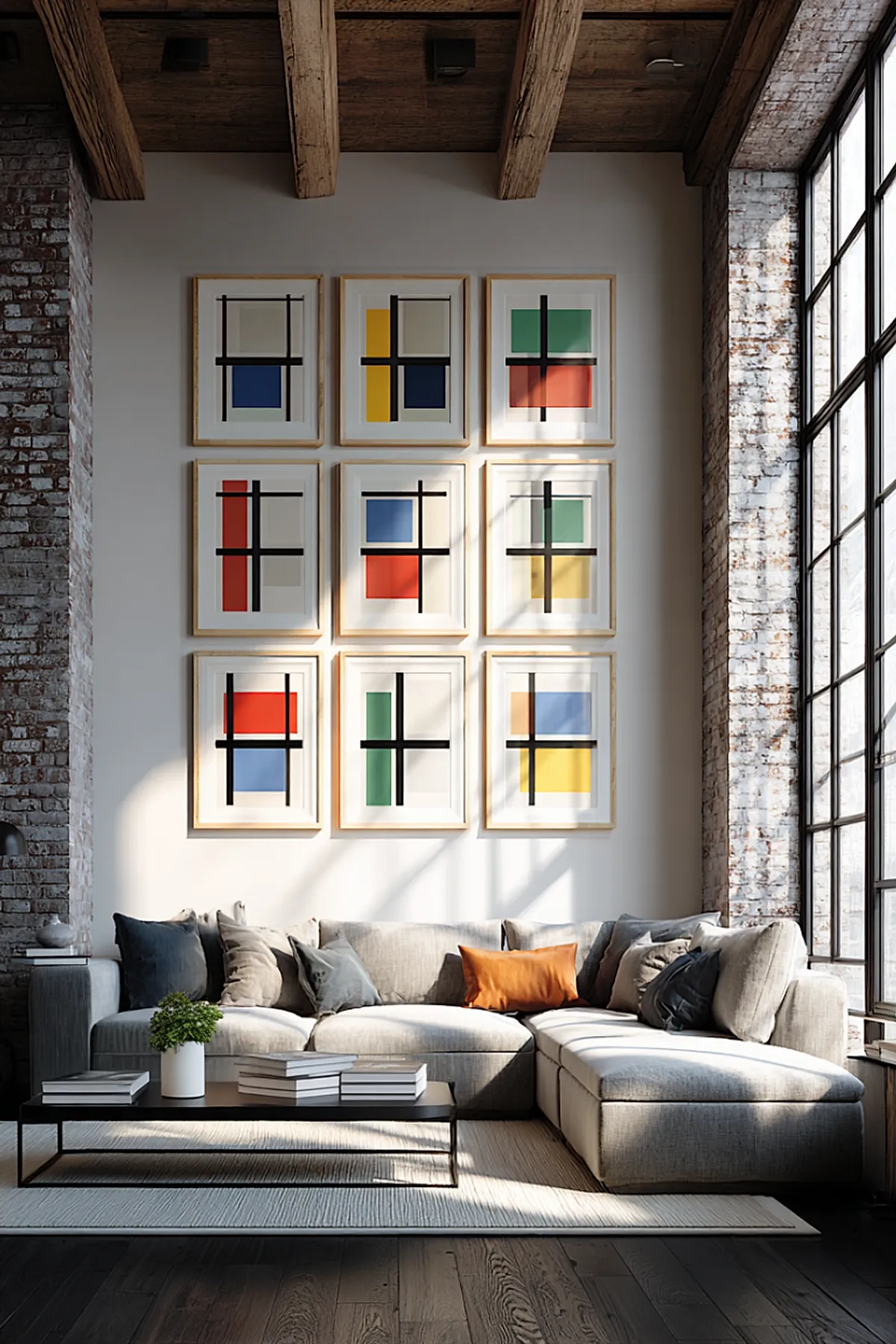 Living room in a loft with colorful geometric art pieces arranged in a grid, featuring exposed brick walls and wooden beams.