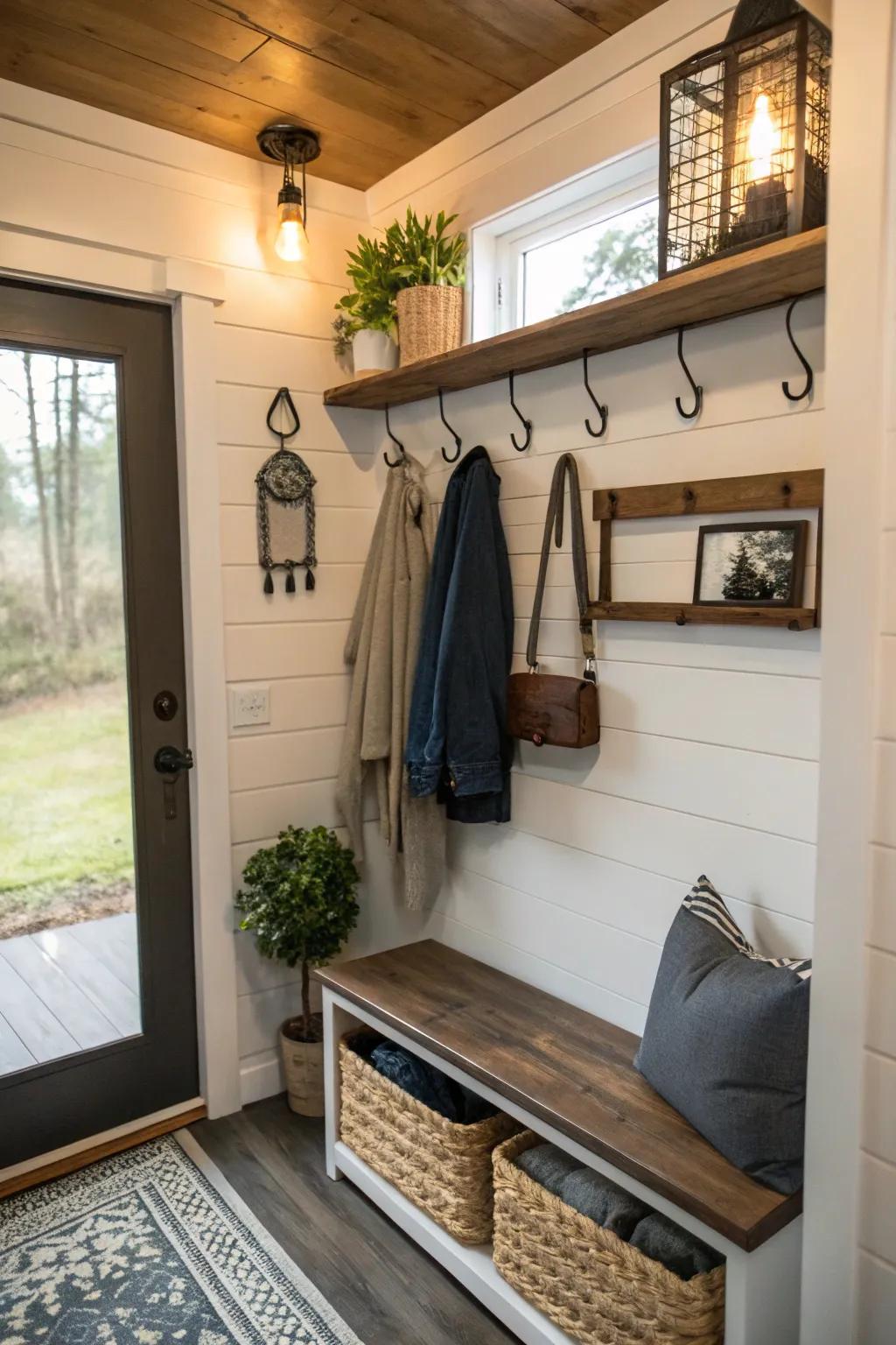 A tidy station for hanging items in a compact house entryway