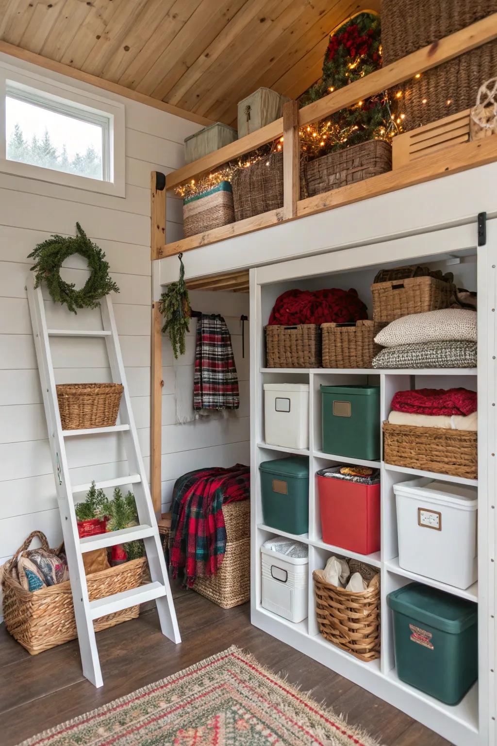 Loft storage in a compact house keeps the floor area clear