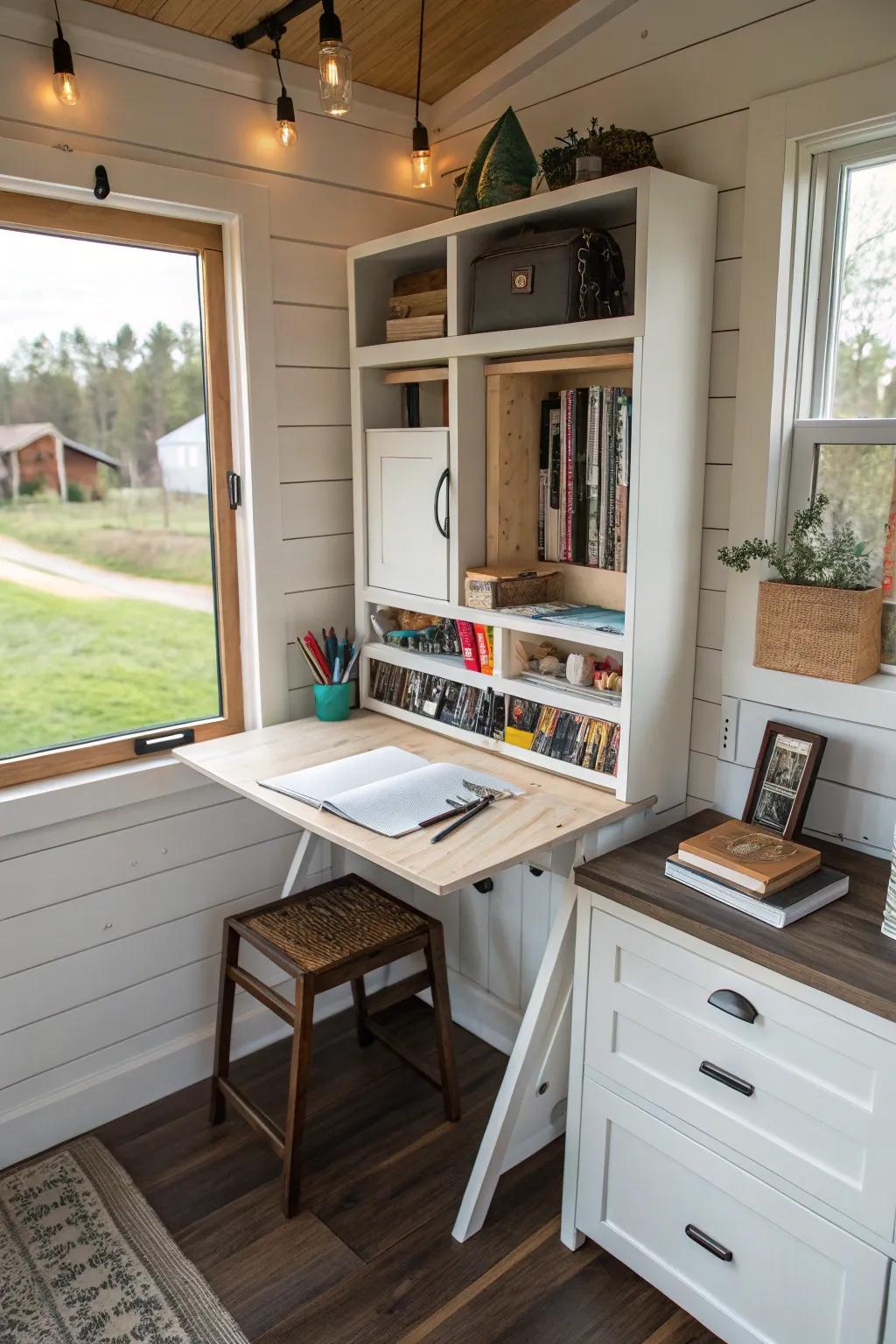 Furniture that collapses and shelves that slide out provide flexible workspaces in compact homes