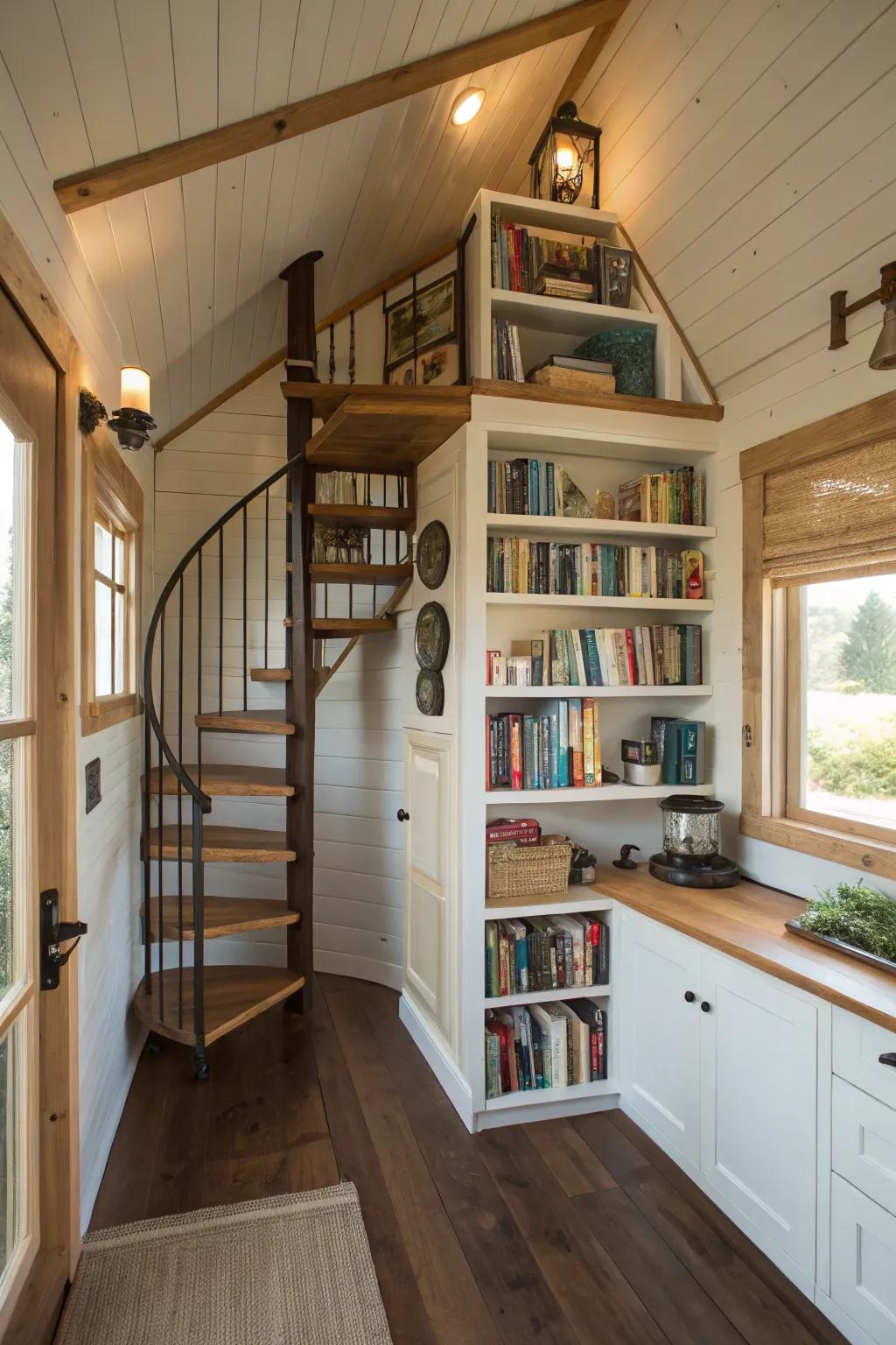 Spiral staircase with integrated storage in a compact home