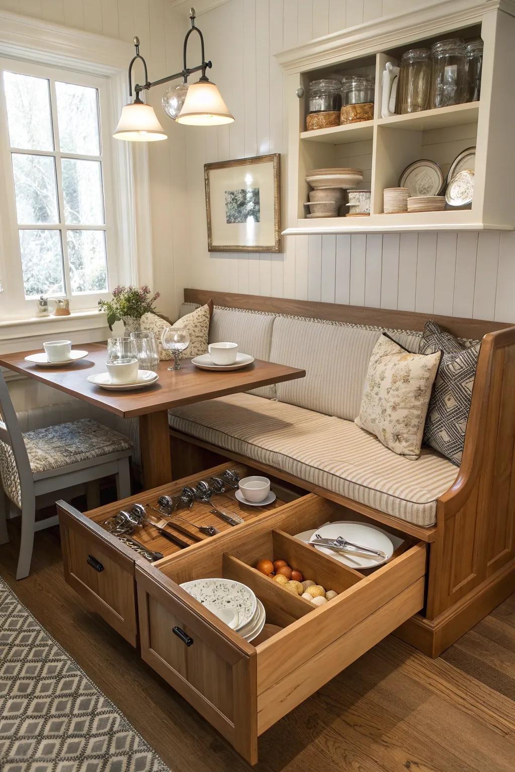 Bench seating with storage in a compact house