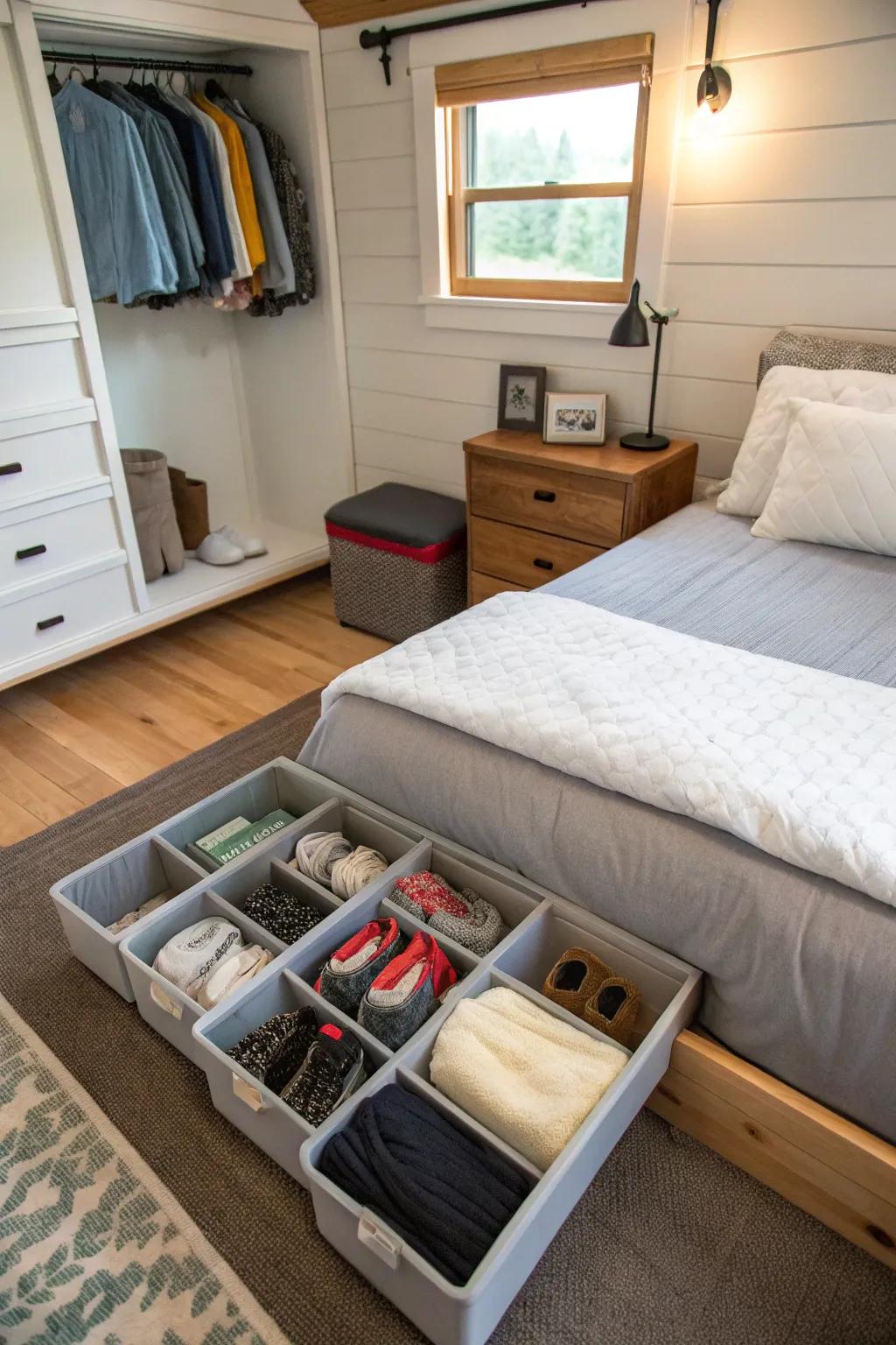 Under-bed storage in a bedroom