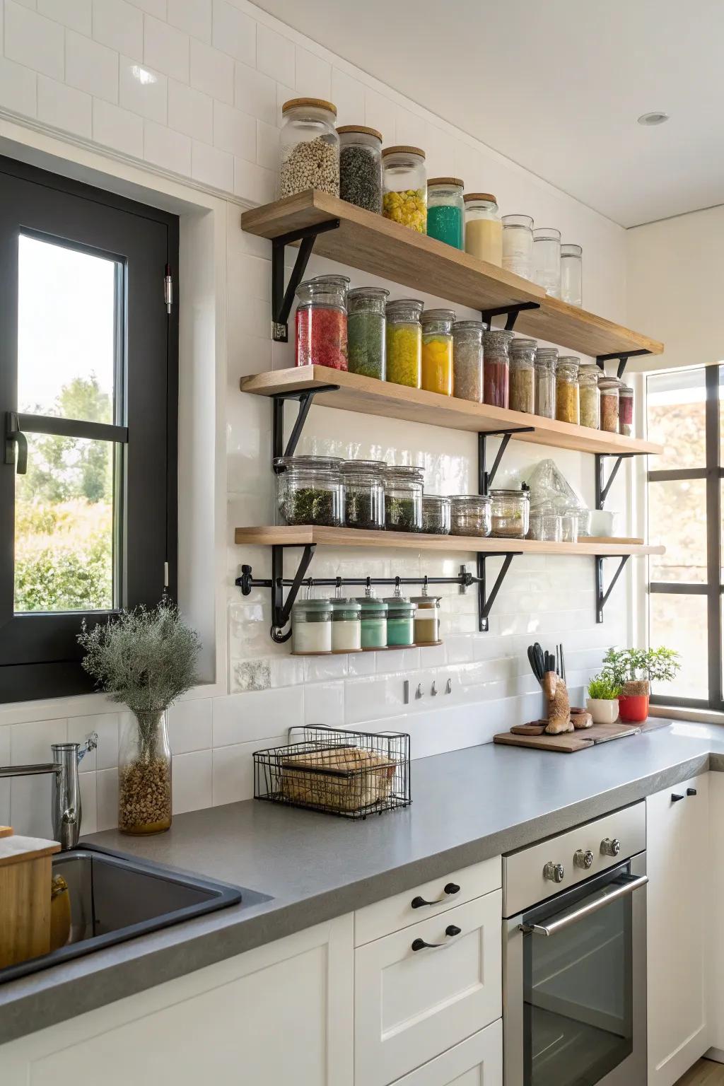Efficient utilization of vertical space using wall-mounted shelves in a small kitchen