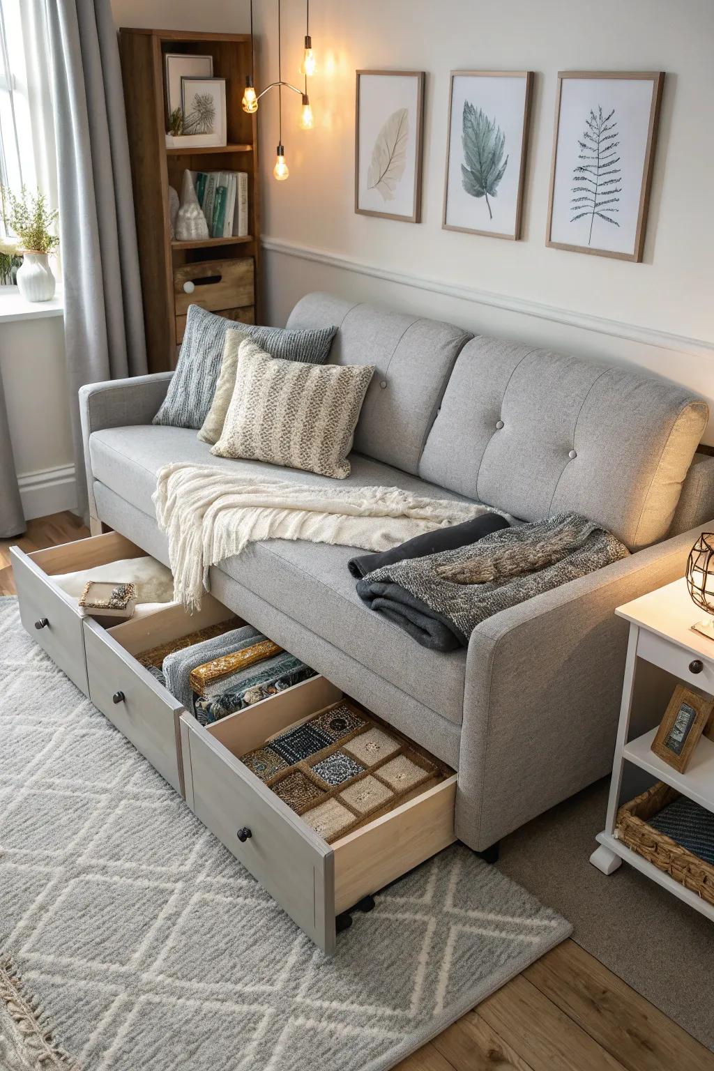 A multifunctional sofa bed featuring hidden storage in a small living space