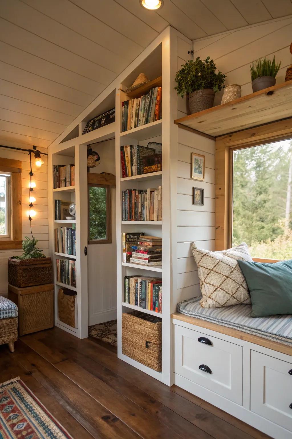 Storage partitions in a compact house offer dual use