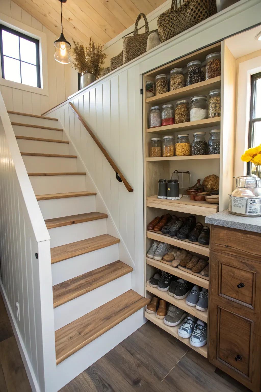 Under-stair cabinets designed to maximize storage in a compact home