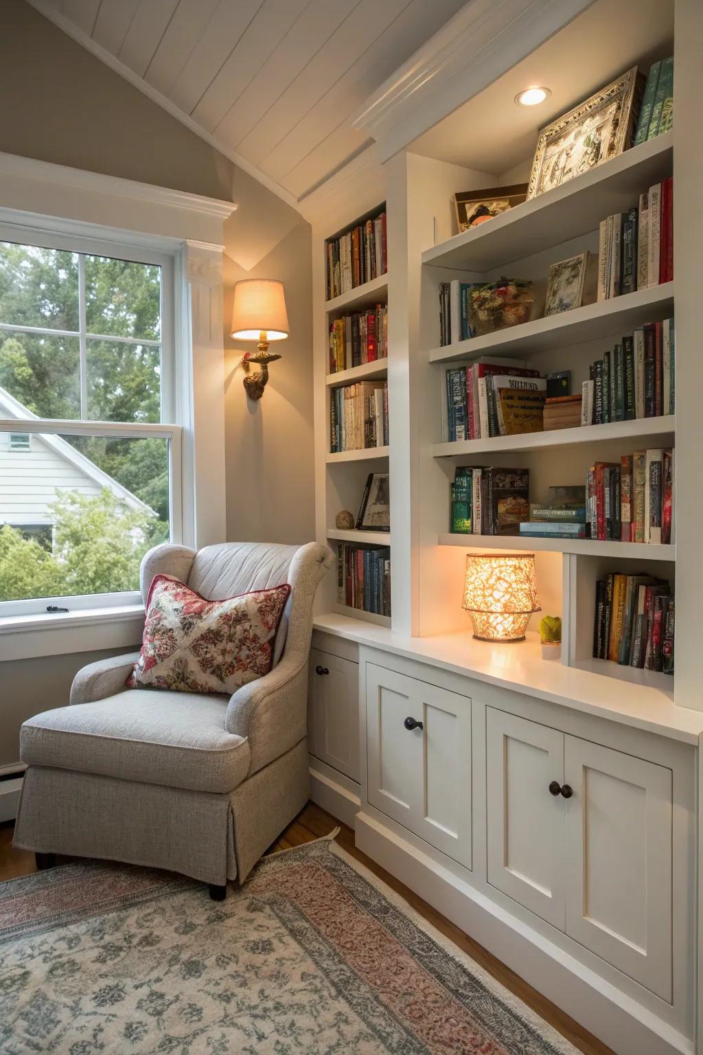 A reading nook with built-in storage in a small house