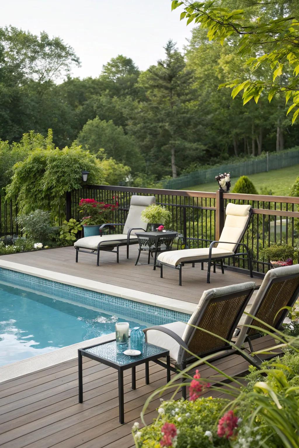 A comfortable seating area invites relaxation by the pool.