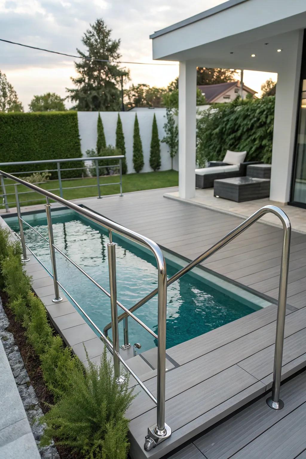 Metal finishes add a contemporary flair to your pool deck.