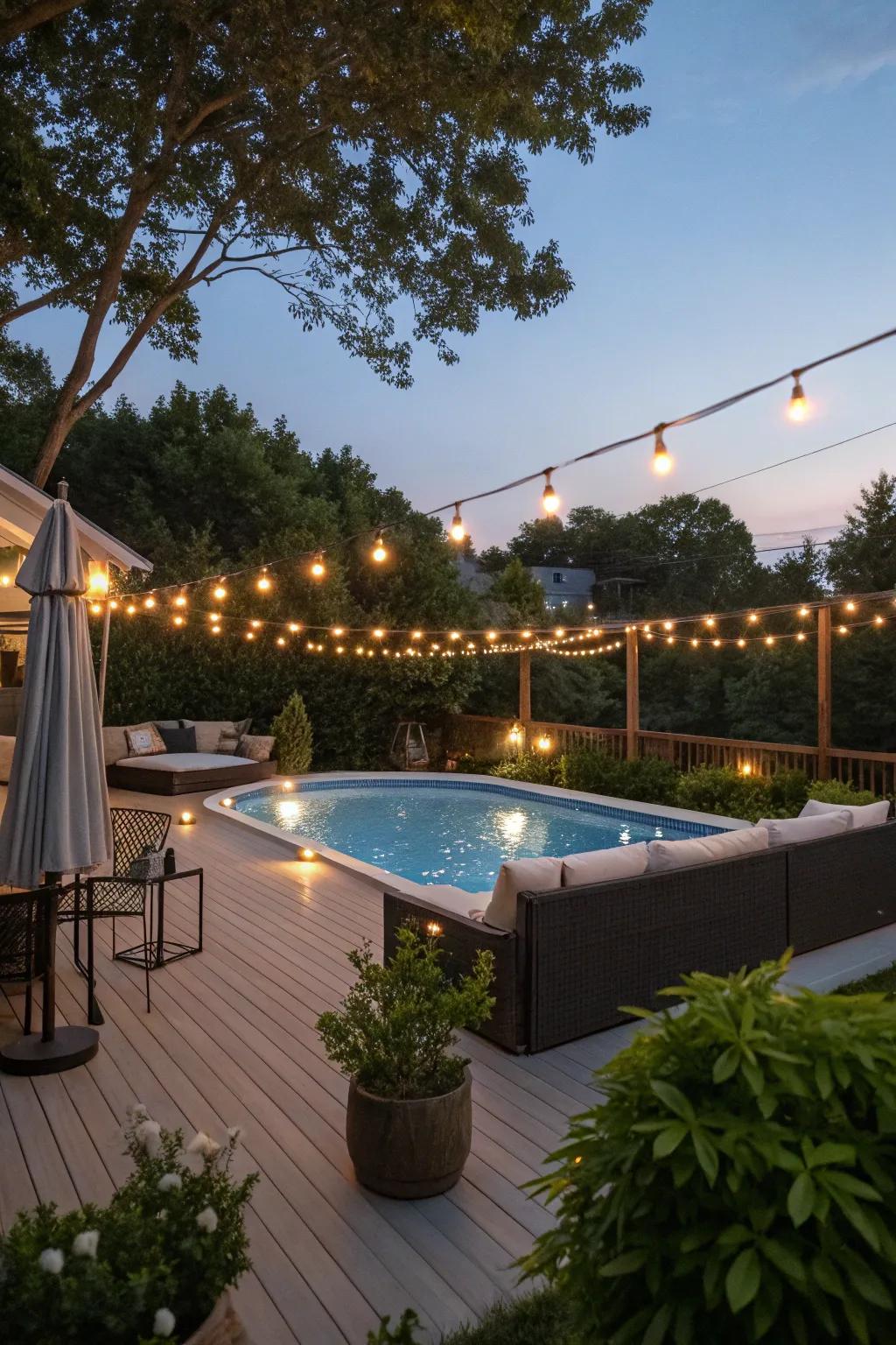Ambient lighting creates a cozy nighttime poolside atmosphere.