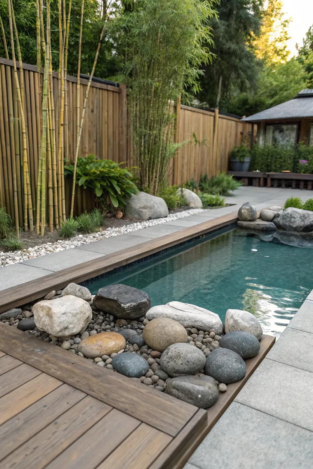 Zen garden elements create a peaceful poolside retreat.