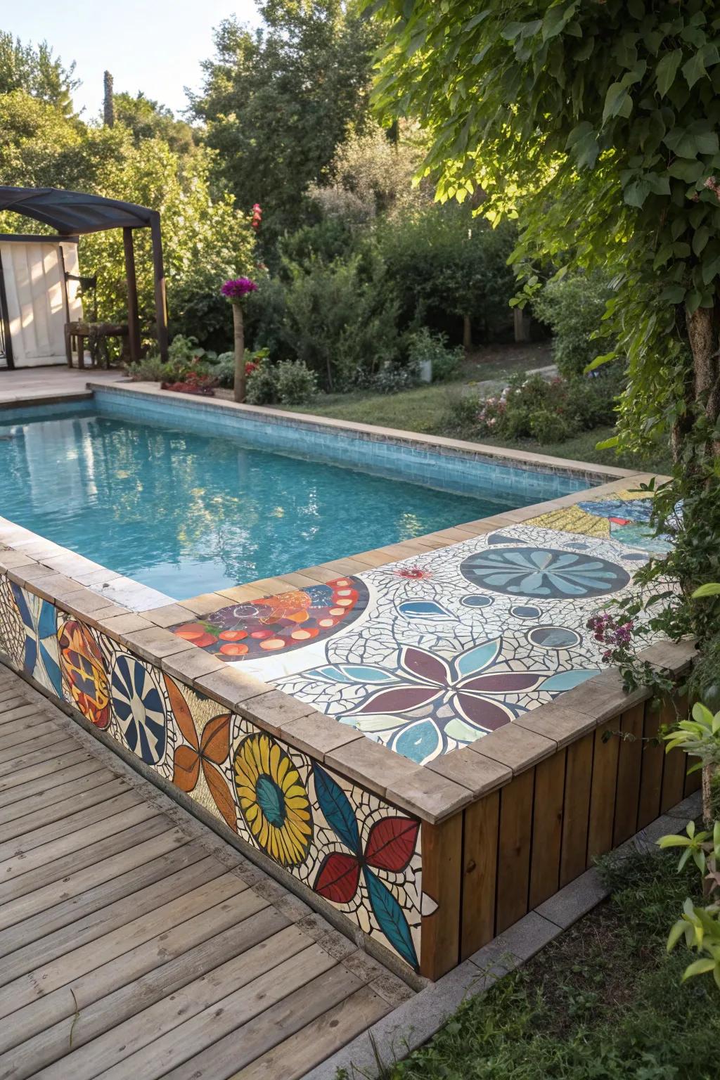 Colorful tiles add artistic flair and vibrancy to your pool deck.
