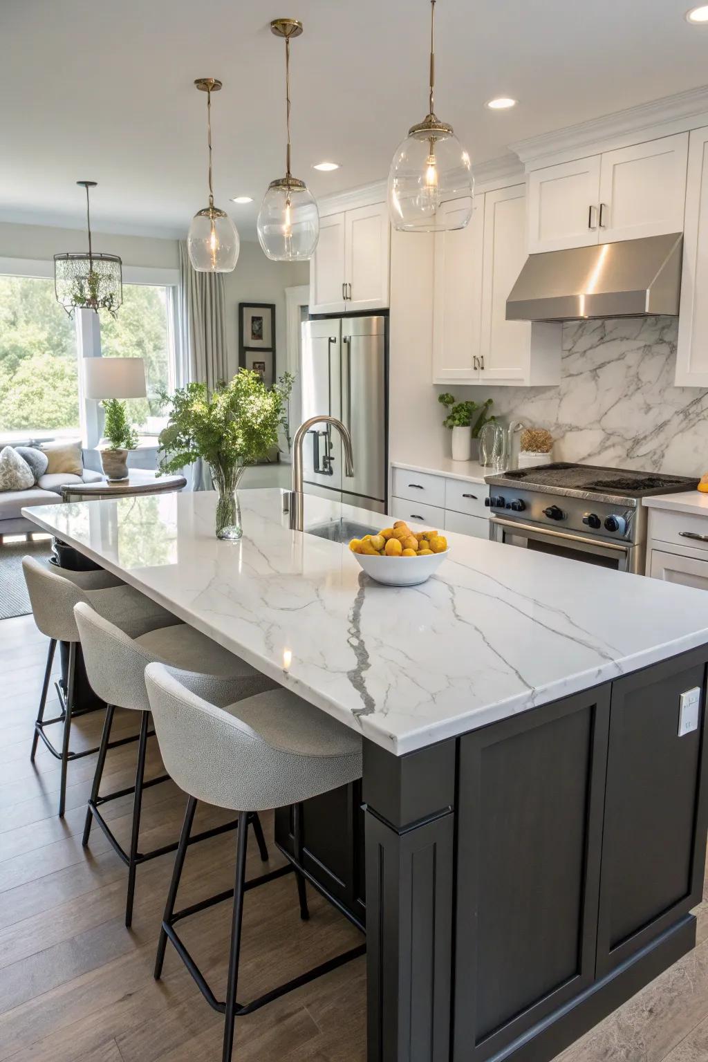 A breathtaking marble countertop transforming a kitchen island into the room's highlight.