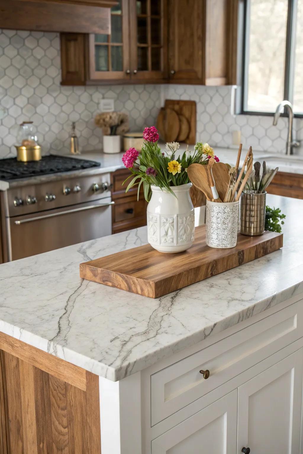 A blend of materials introducing functionality and visual intrigue to a kitchen island.