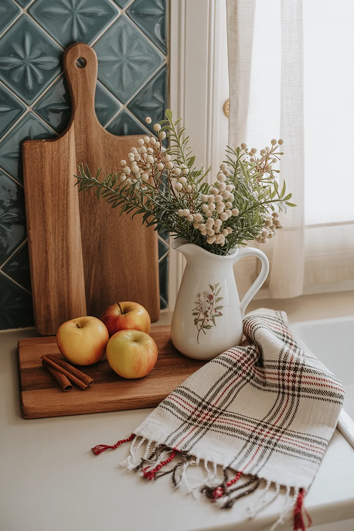 Wooden cutting boards leaning against teal embossed tile backsplash, three red-yellow apples and two cinnamon sticks on a wood board, white ceramic pitcher with floral design holding white berry branches next to a plaid dish towel by a window.