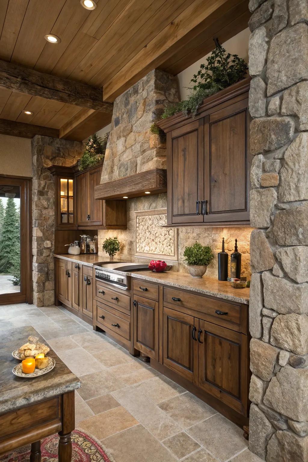 Embrace rustic charm with natural wood grain cabinets.