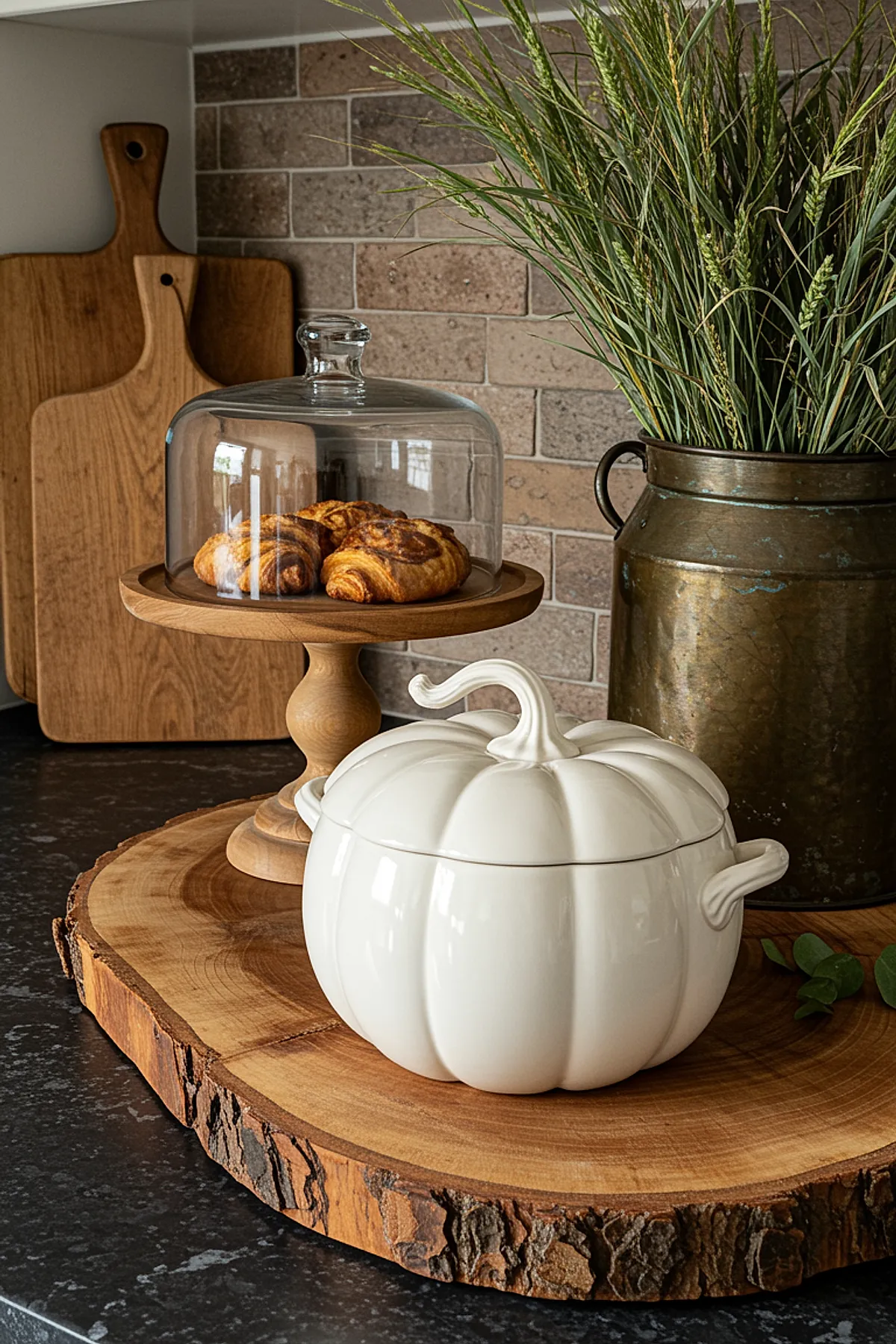Kitchen countertop featuring a thick round wooden slab topped with a wooden pedestal cake stand holding cinnamon rolls under a glass cloche, alongside a white ceramic pumpkin-shaped soup tureen and green foliage in the background.
