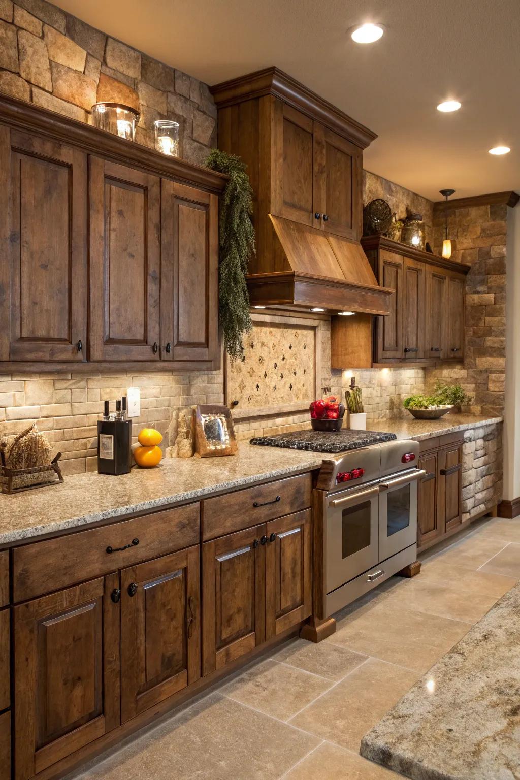 Merge wood and stone for an earthy kitchen design.