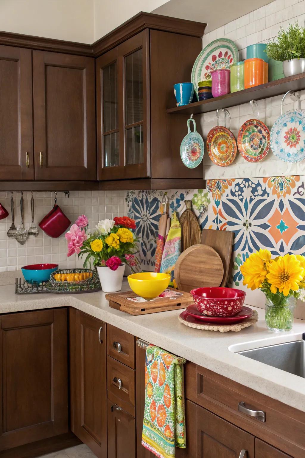 Add personality with a pop of color against brown cabinets.
