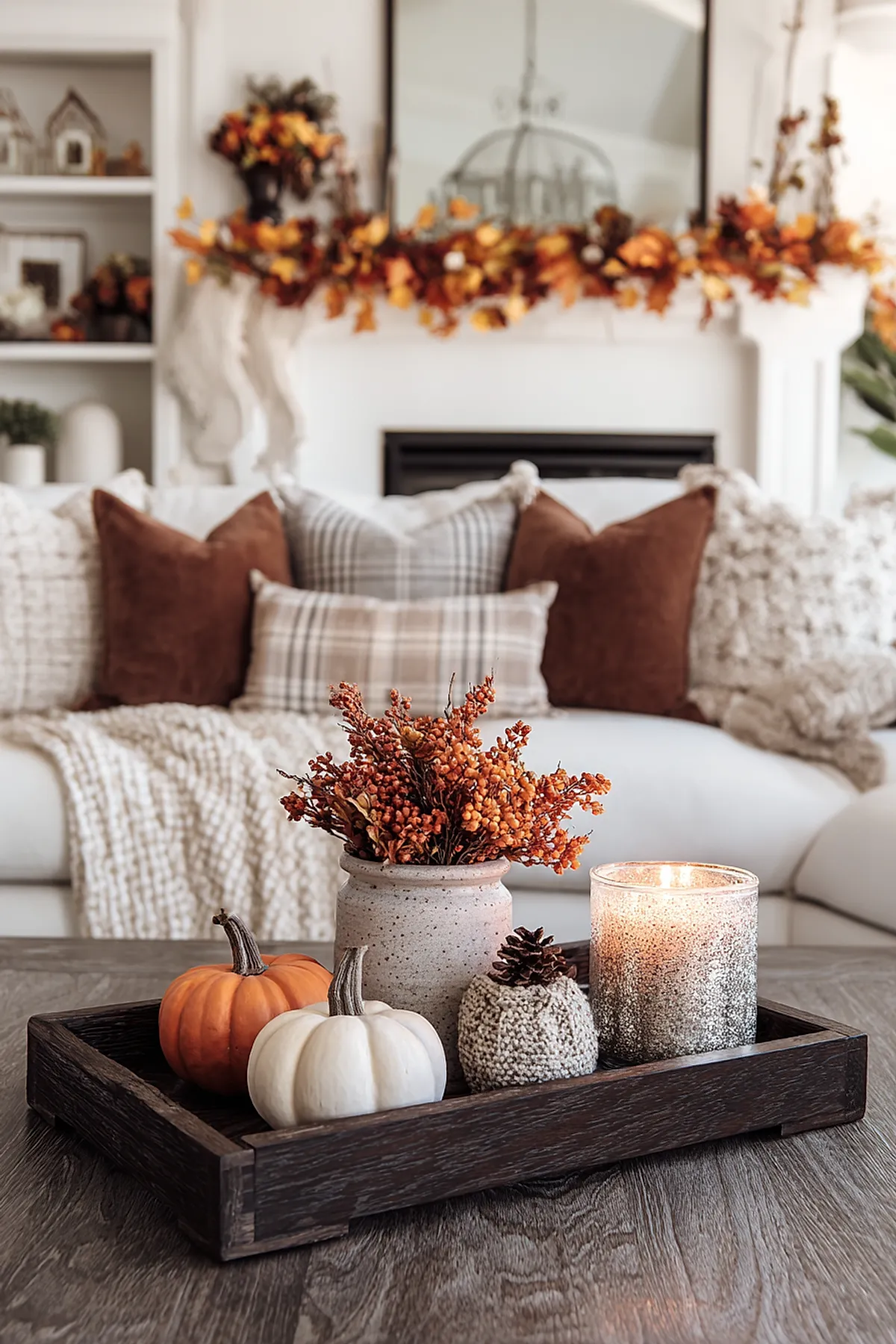 Dark wooden tray holding small orange and white pumpkins, a beige ceramic jar filled with dried orange berries, pinecone wrapped in knitted fabric, and a lit speckled glass candle on a rustic wooden table in front of neutral sofa with brown and plaid pillows.