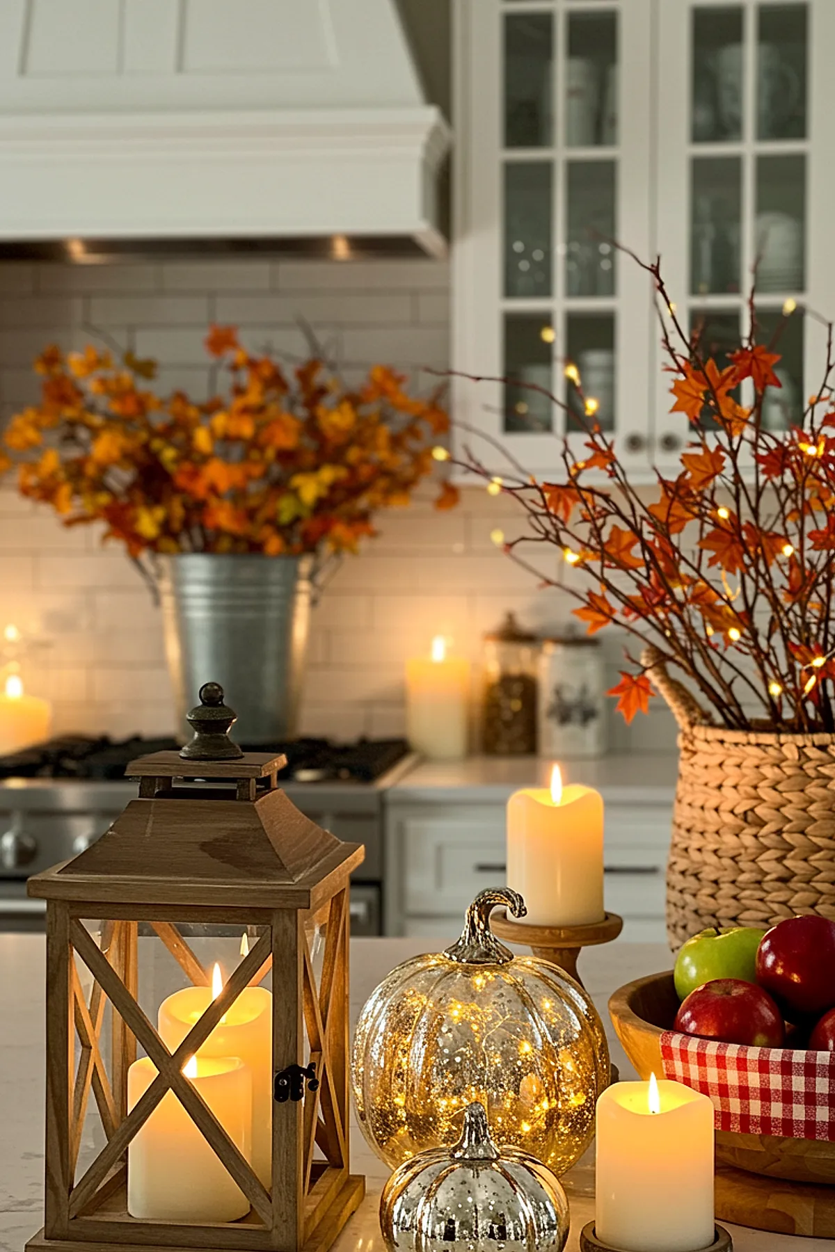 Wooden candle lantern with three lit candles next to two mercury glass pumpkins filled with string lights, a woven basket vase holding orange autumn branches wrapped in fairy lights, and bowls of apples on a white kitchen island.