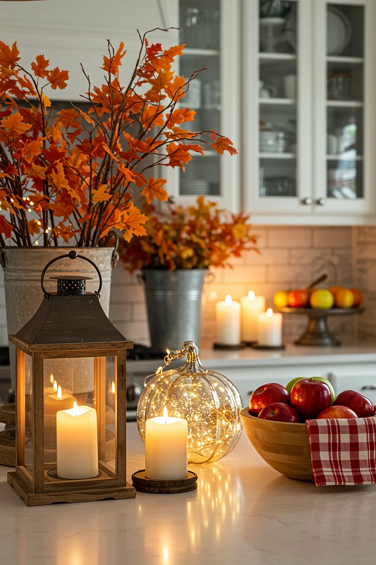 Kitchen countertop featuring a wooden lantern with lit candle, clear glass pumpkin filled with string lights, wooden bowl full of red apples partially covered by red plaid cloth, and metal buckets holding orange autumn branches in the background.
