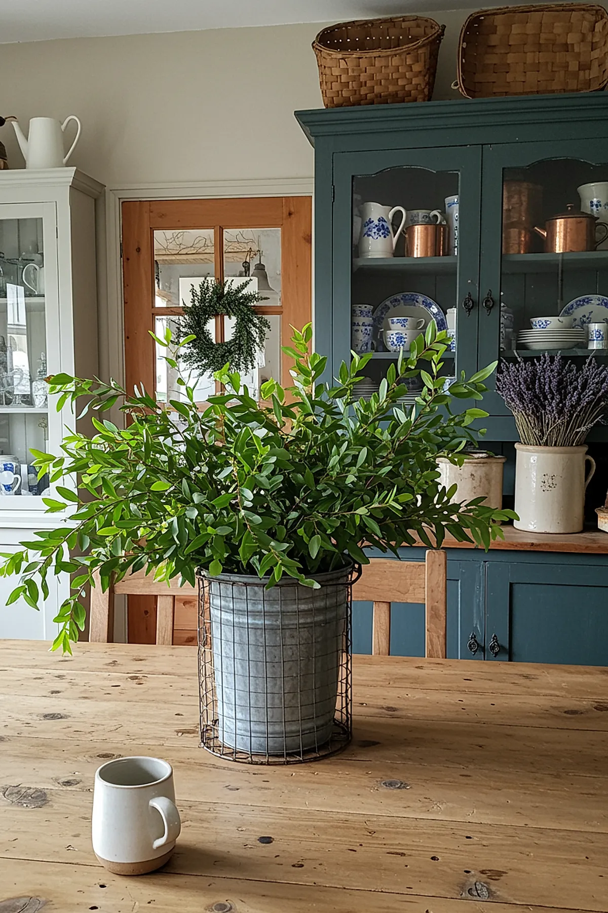 Galvanized metal bucket holding bright green leafy branches centered on a rustic wooden kitchen table with wooden chairs, blue cabinet with white and blue dishes in the background.