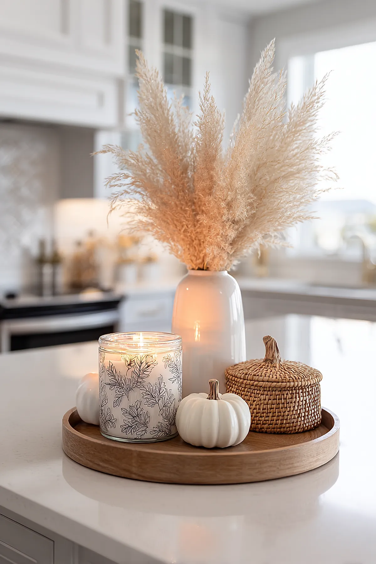 Wooden round tray on white kitchen countertop holding a tall white ceramic vase filled with beige pampas grass, two small white pumpkins, and a lit glass candle decorated with black leaf illustrations.