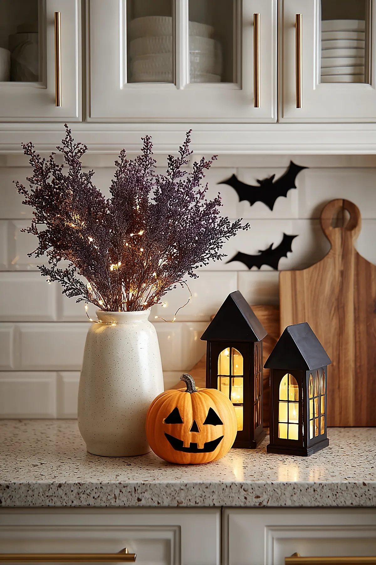 Kitchen countertop featuring a speckled surface with a white ceramic vase holding dark purple branches wrapped in string lights, an orange jack-o'-lantern pumpkin, two black metal lanterns with glowing candles inside, and two black bat decals on the white tiled backsplash.