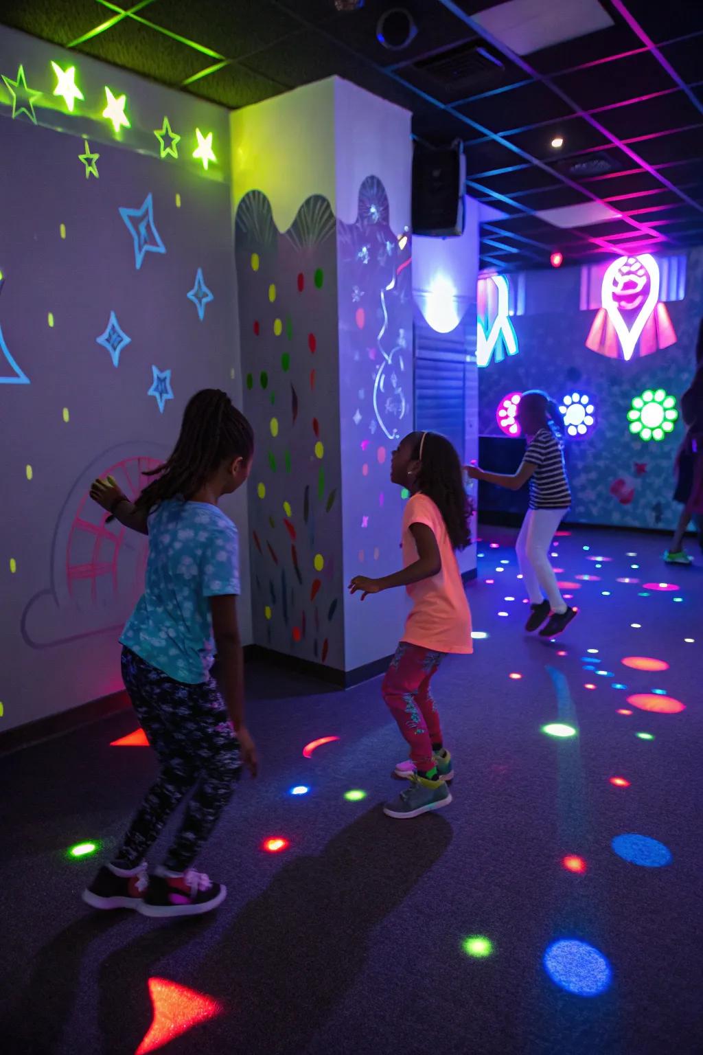 A vibrant iridescent night disco with neon bulbs and enjoyable vibes.