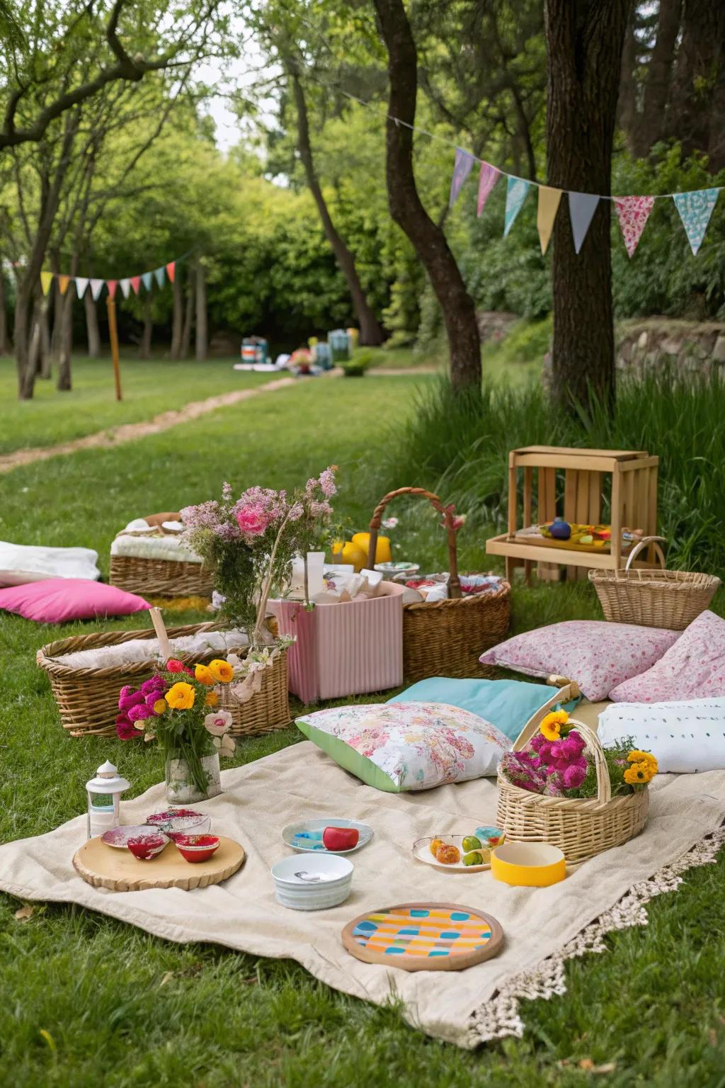 An open-air picnic party layout with bright hues and snug coverings.