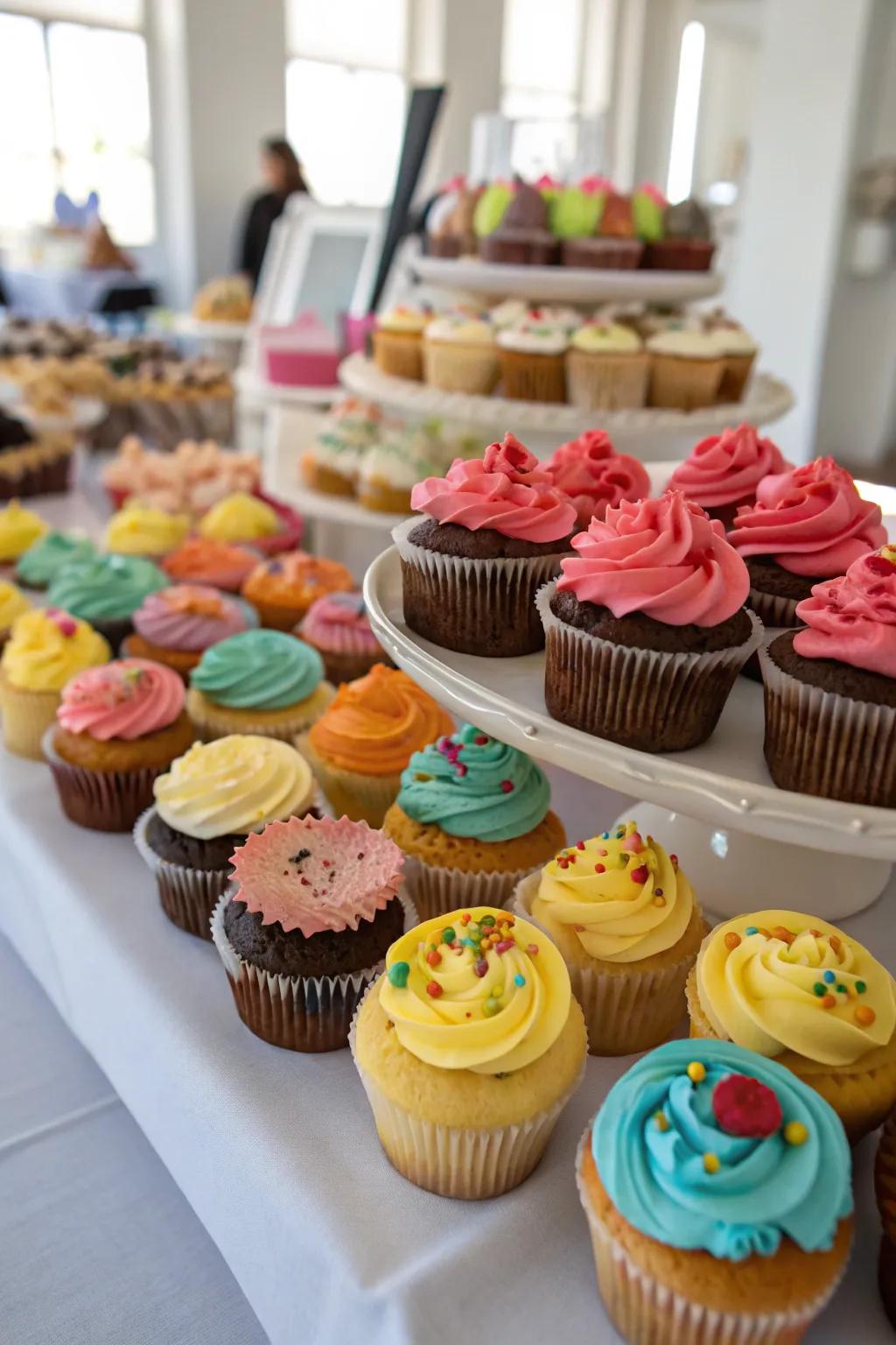 A personalized cupcake adornment station full of bright toppings.
