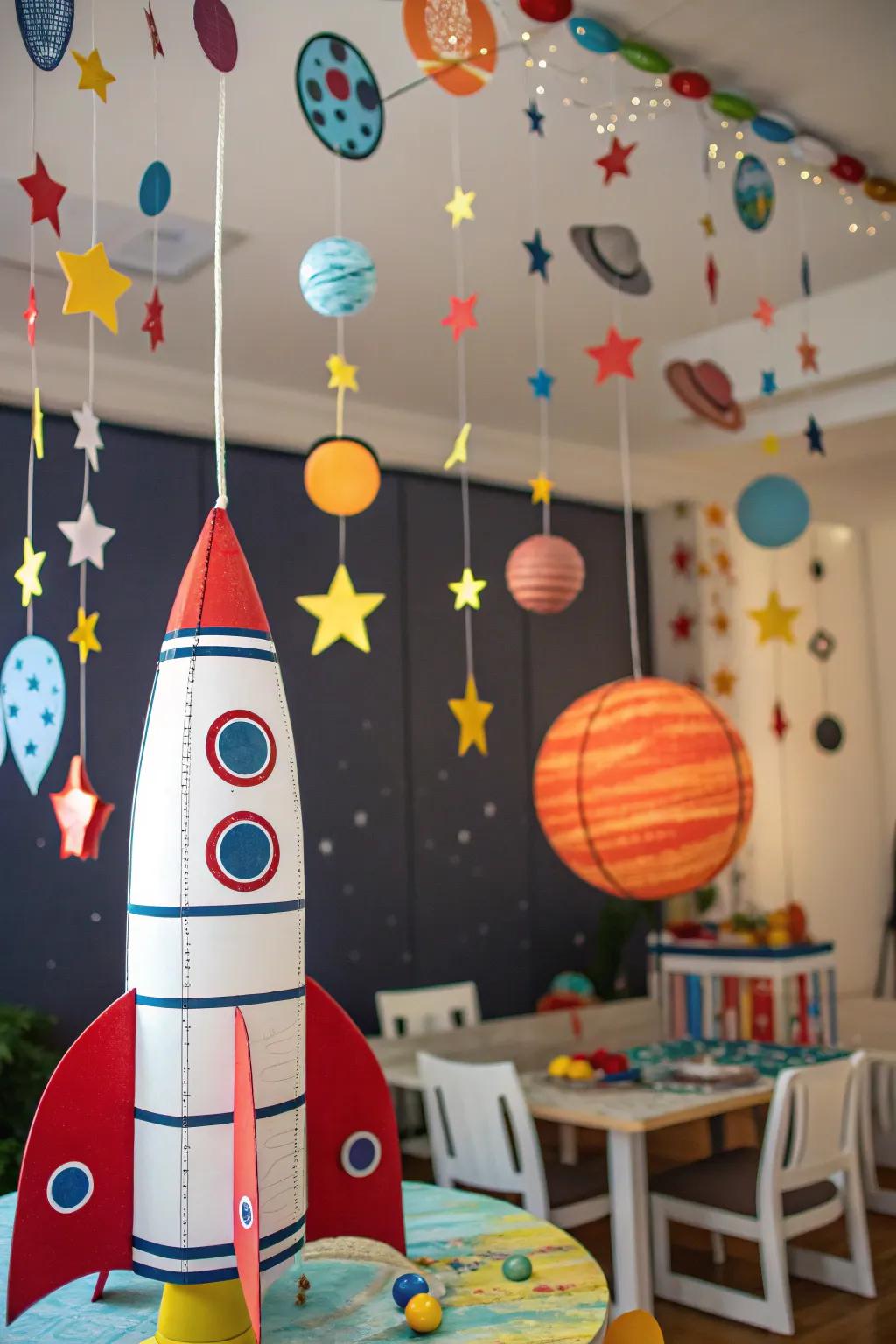 A space voyager themed celebration with celestial decorations.