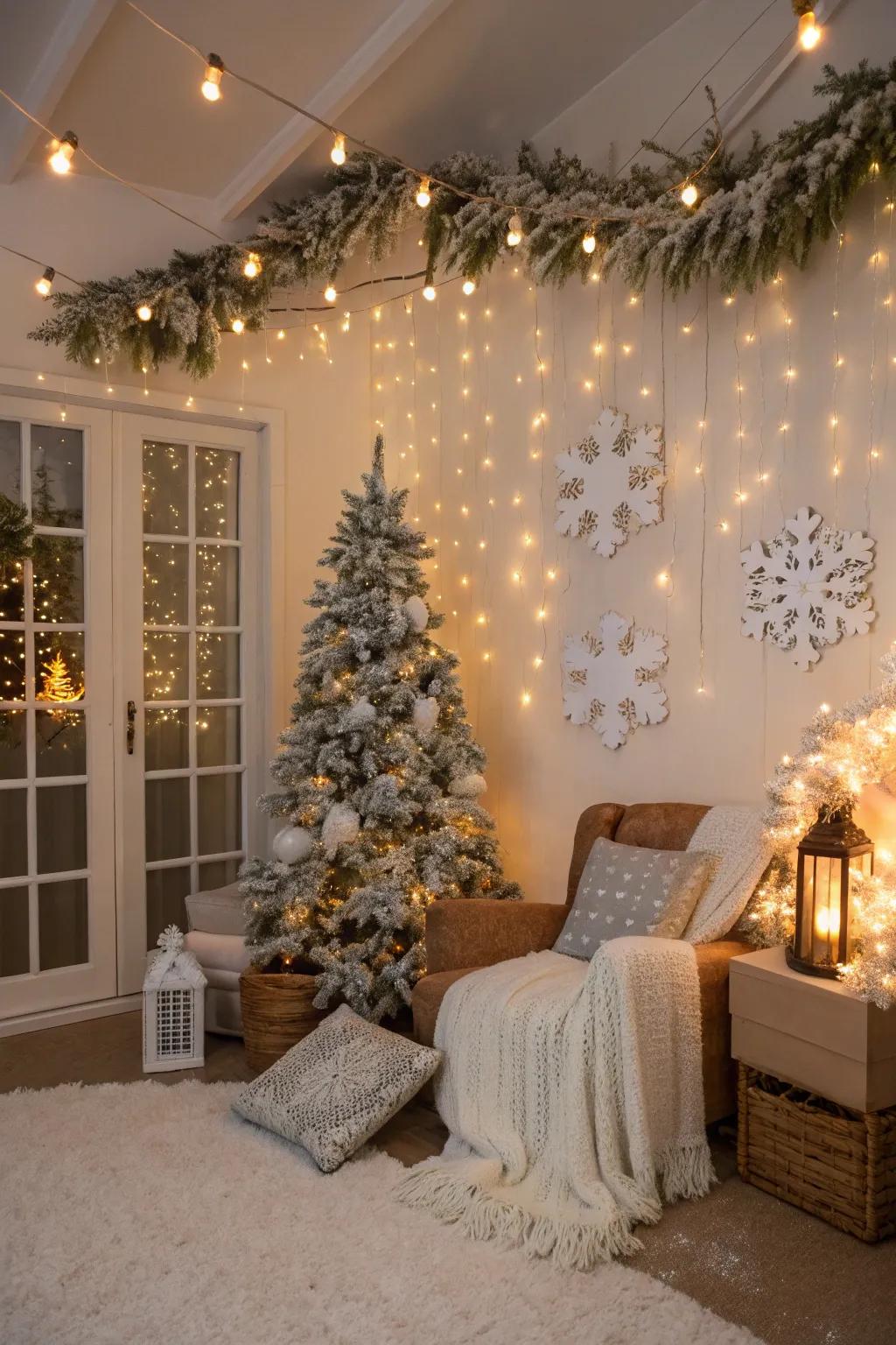 An icy wonderland theme with snow-like decorations and cozy vibes.