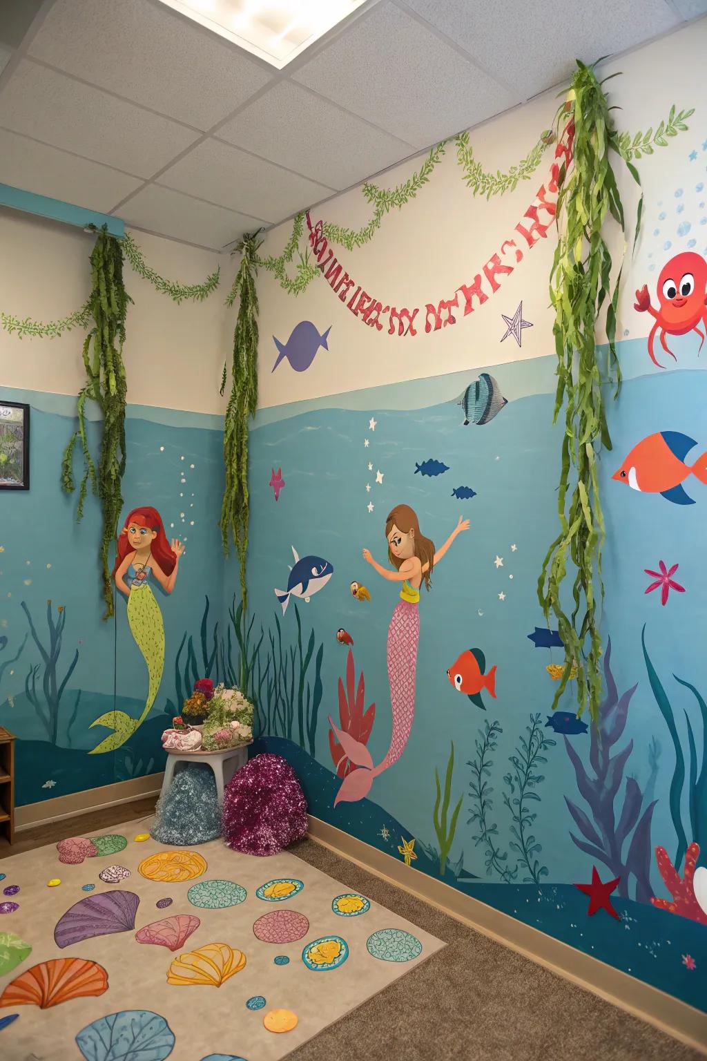 A below the sea themed celebration with vibrant aquatic decorations.