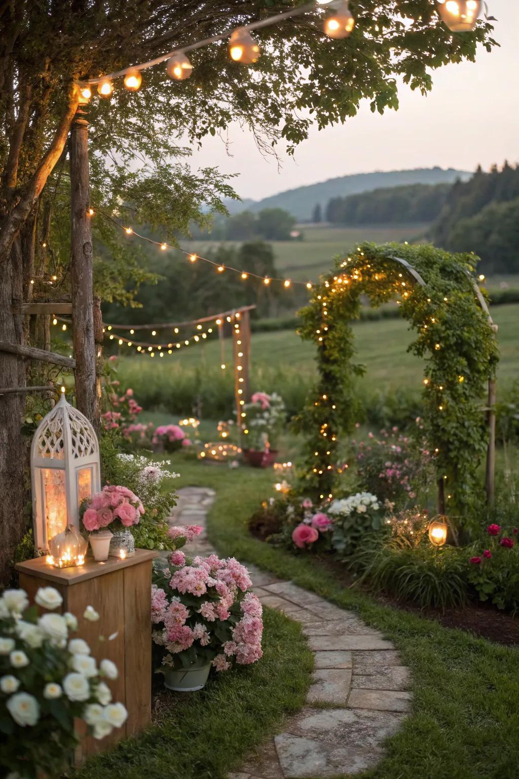 An enchanted garden social with fairy lights and magical elements.