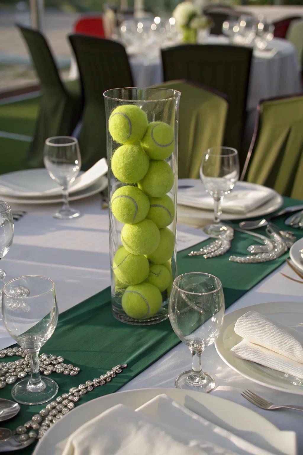 A tennis sphere centerpiece provides a sporty touch to your table.