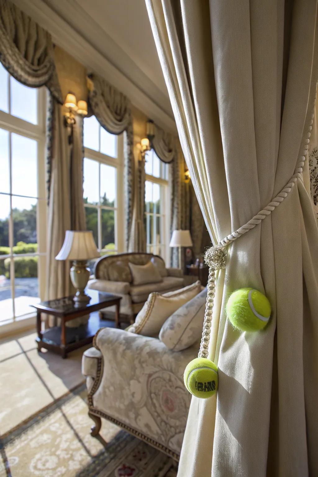 Tennis ball tiebacks add a subtle sporty touch.