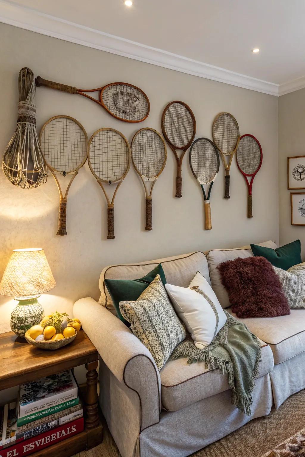 Vintage sports equipment makes for striking wall decor.