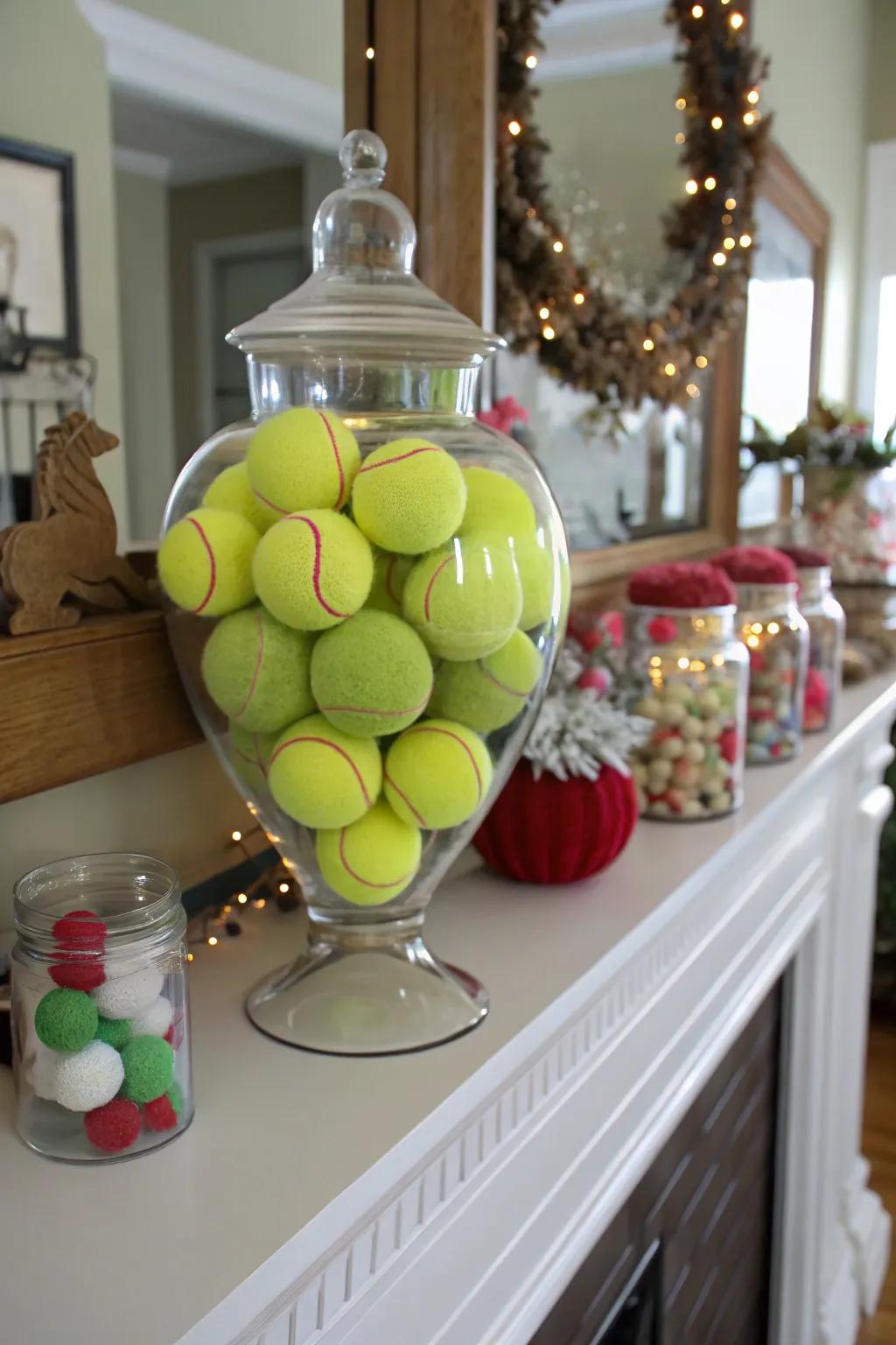 Mini tennis balls in a vase create playful elegance.
