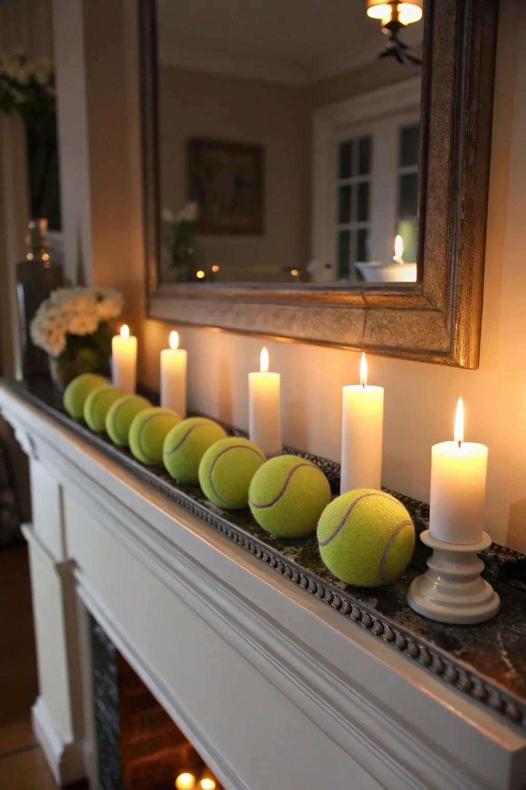 Tennis ball candle holders add a warm, sporty glow.