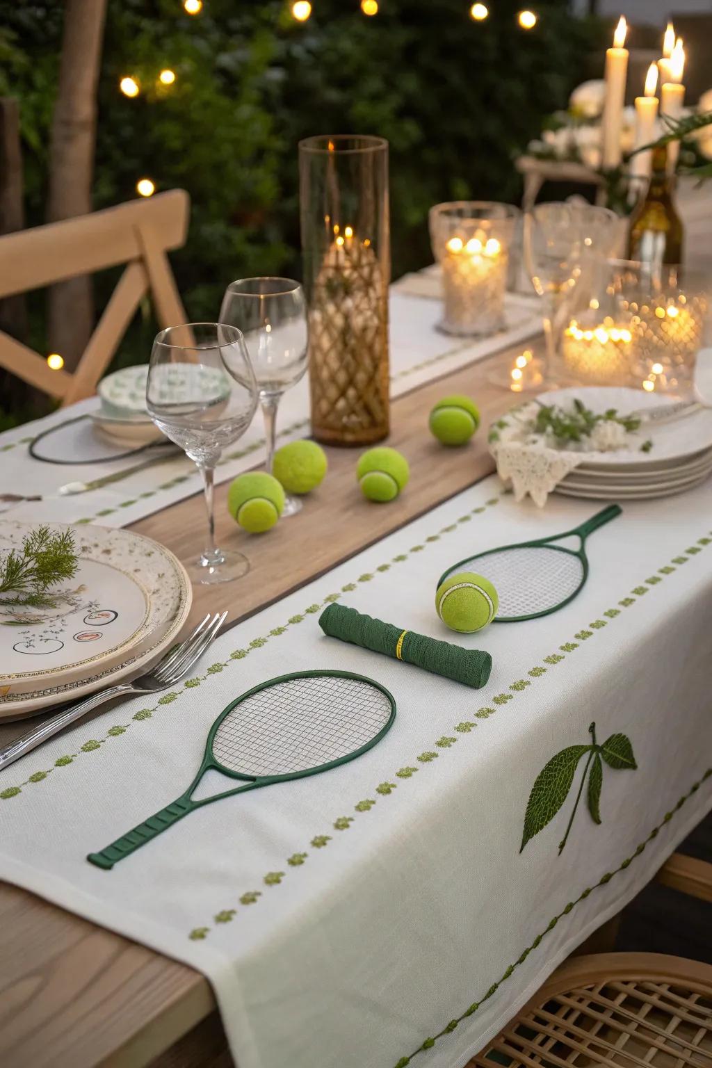 A tennis-themed table runner sets the tone for dinner.
