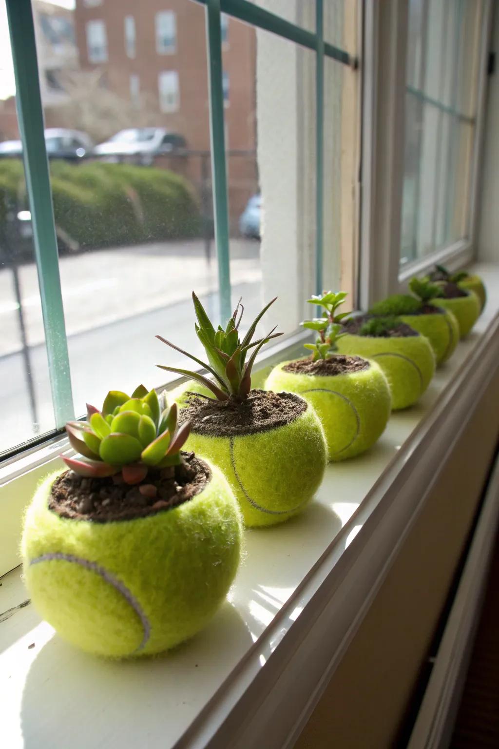 Tennis sphere planters offer a green, whimsical decor option.