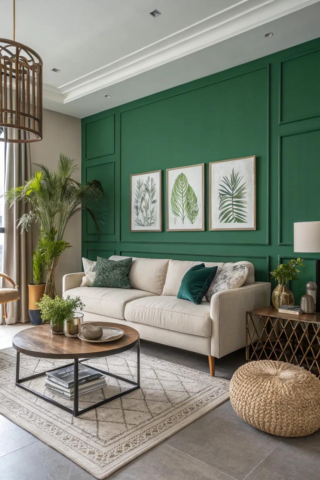 A striking green accent wall has the power to convert any room into an energetic, vibrant space.