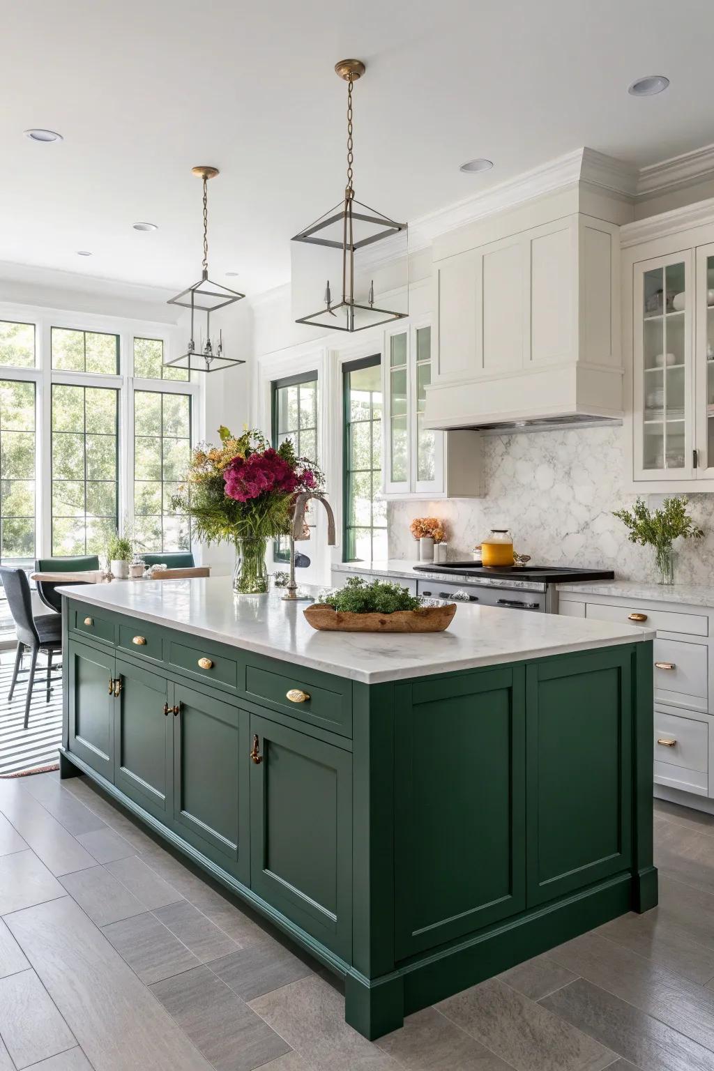 Introducing a green kitchen island is a fantastic way to infuse a dash of chic color into your culinary space.