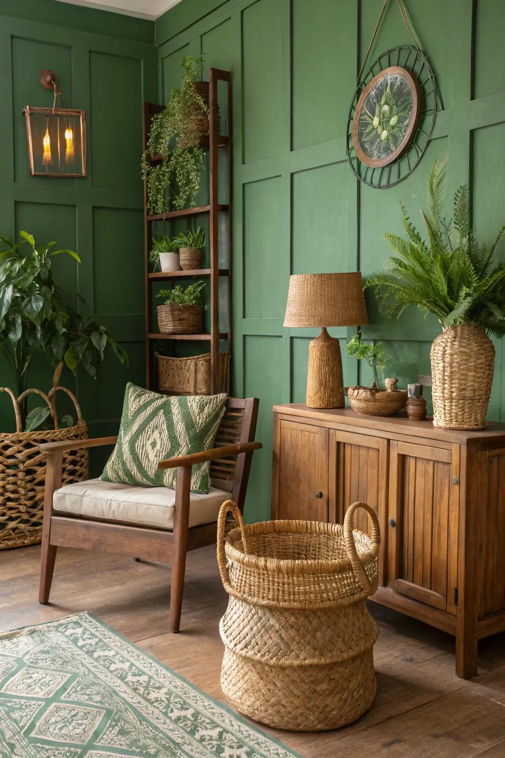 The pairing of natural textures and green hues creates an inviting, earthy ambiance that feels harmonious.
